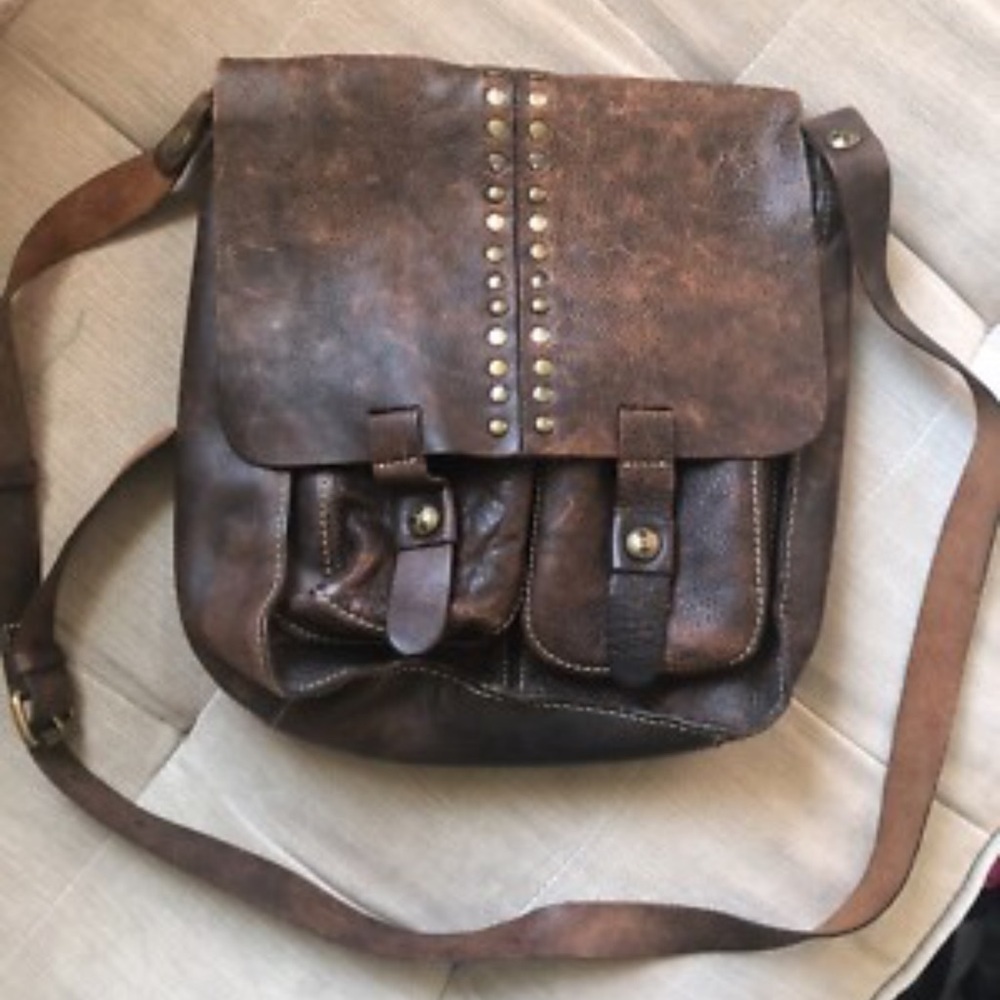Patricia Nash Brown Distressed Armeno Leather Messenger Bag studded details